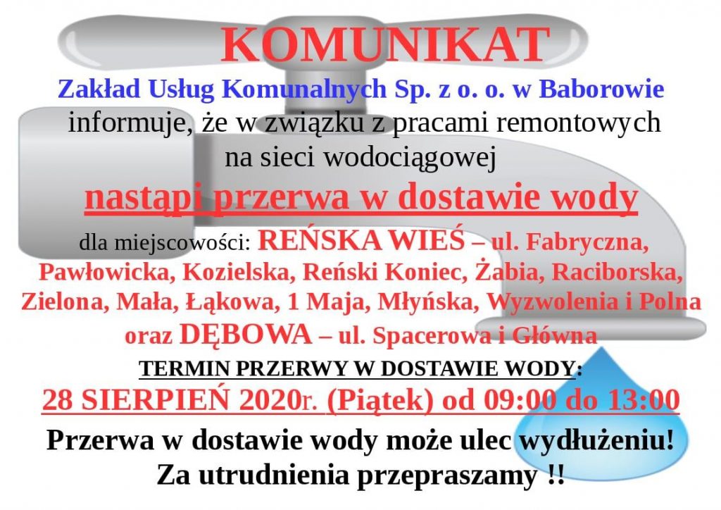 ZUK Baborów informuje o przerwie w dostawie wody w piątek 28 sierpnia 2020r. w miejscowości Reńska Wieś i Dębowa